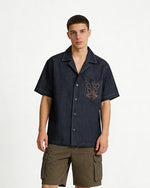 Embroidered Short-Sleeve Denim Shirt