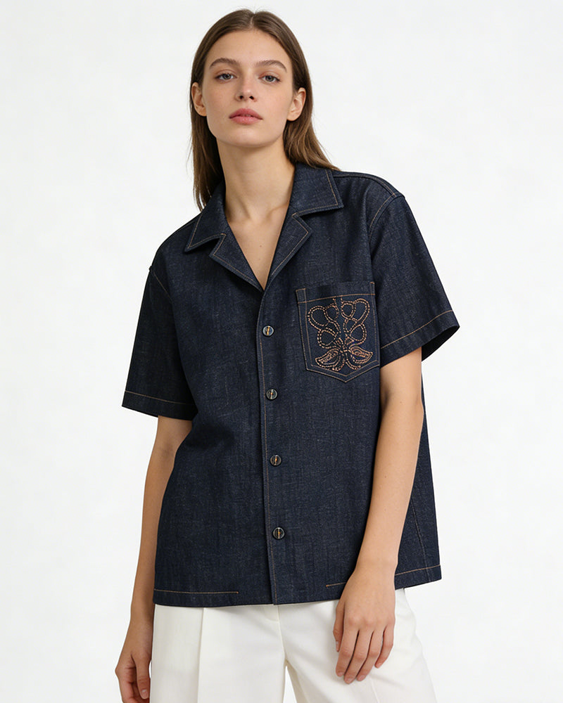 Embroidered Short-Sleeve Denim Shirt