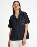 Embroidered Short-Sleeve Denim Shirt