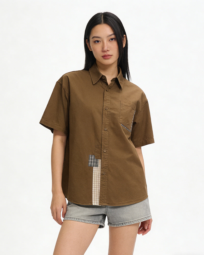 Color-block Plaid Short-sleeve Shirt