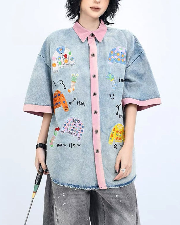 刺繍コントラスト半袖シャツ