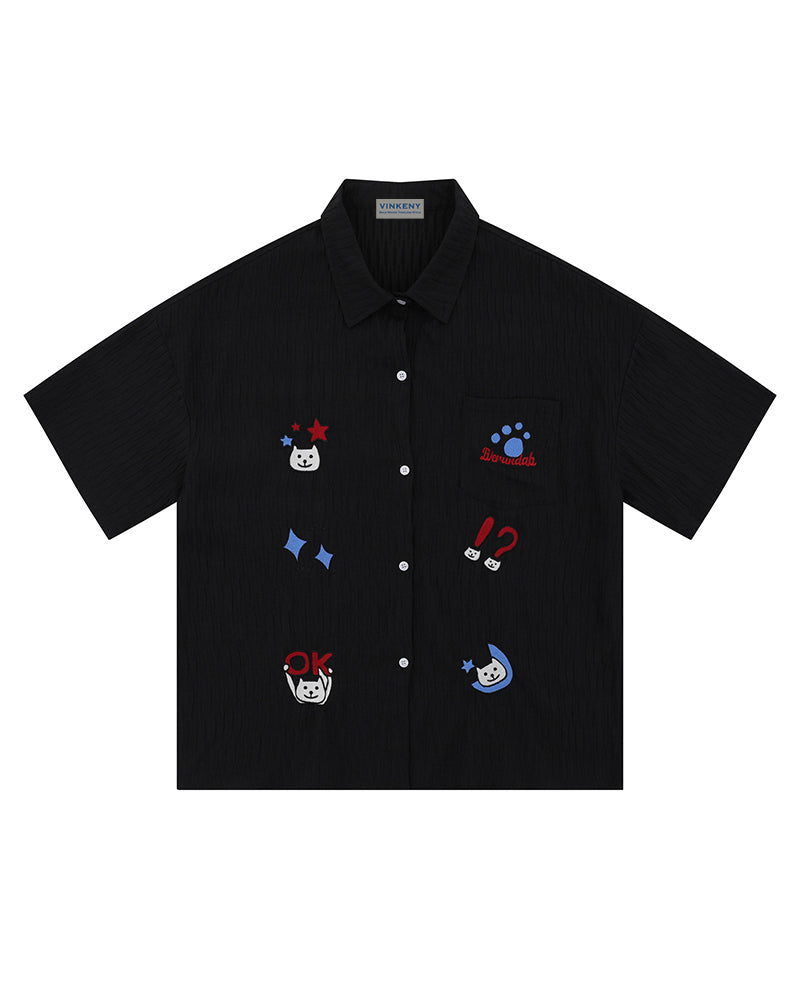 漫画の刺繍入り半袖シャツ