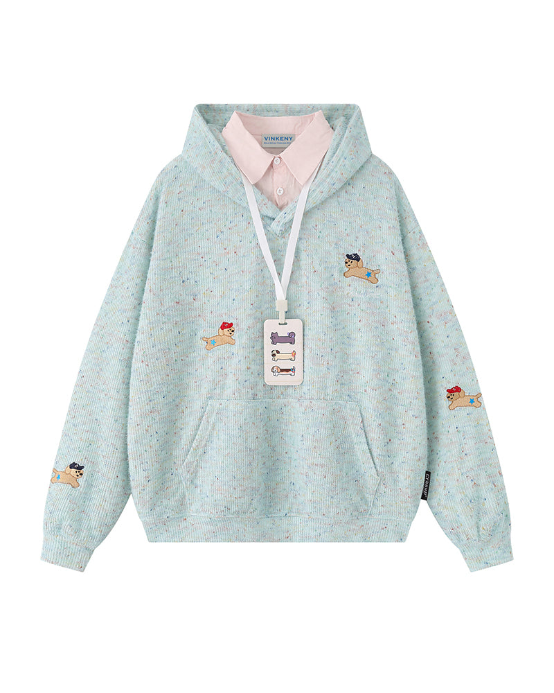 Colorful Puppy Fake Two-Piece Hooded Sweatshirt