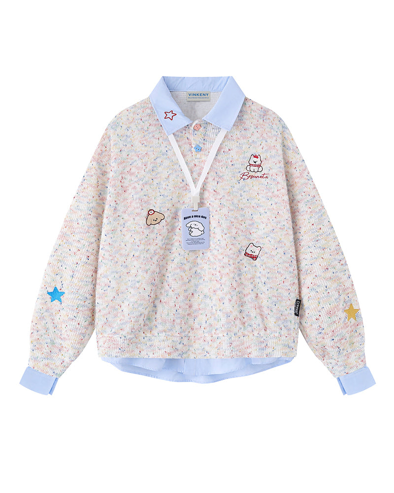 継ぎ合わせたフェイクツーピースラペルスウェットシャツ