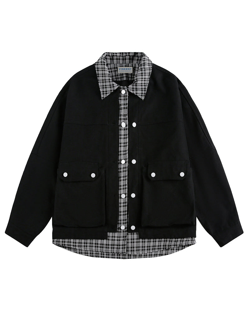 Plaid patchwork fake two-piece jacket