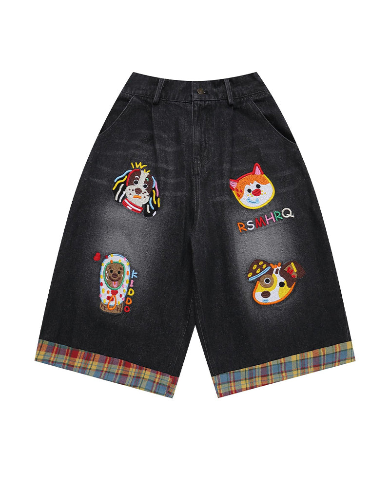 漫画の刺繍入りショートパンツ