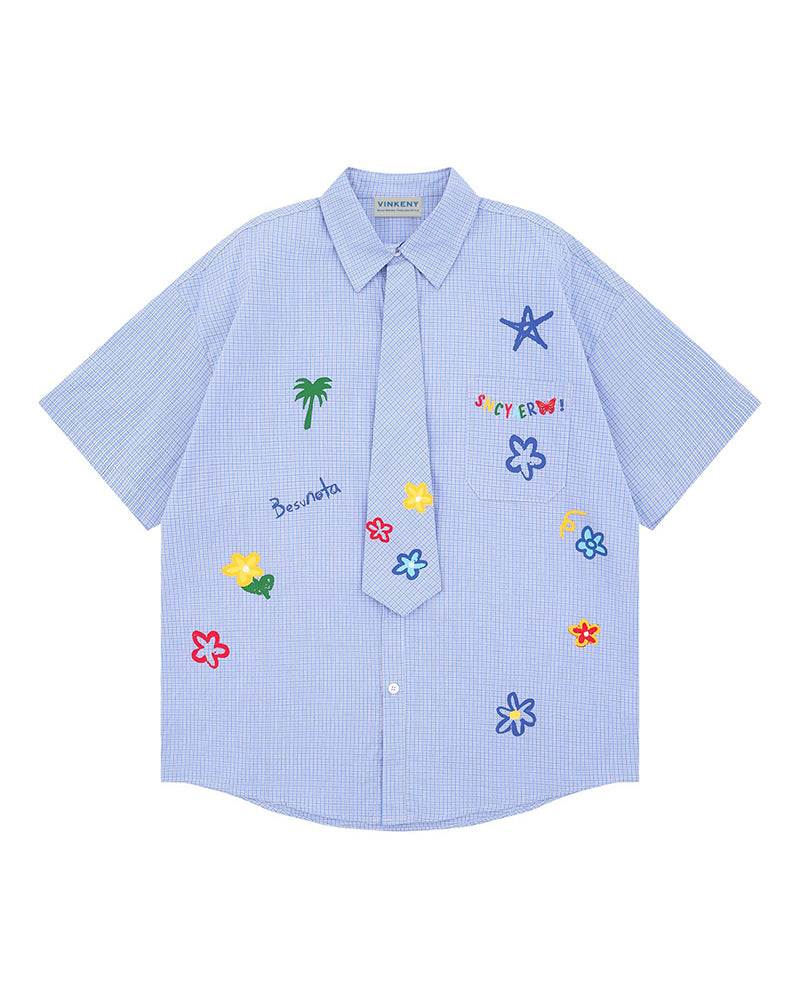 小花柄チェック柄半袖シャツ