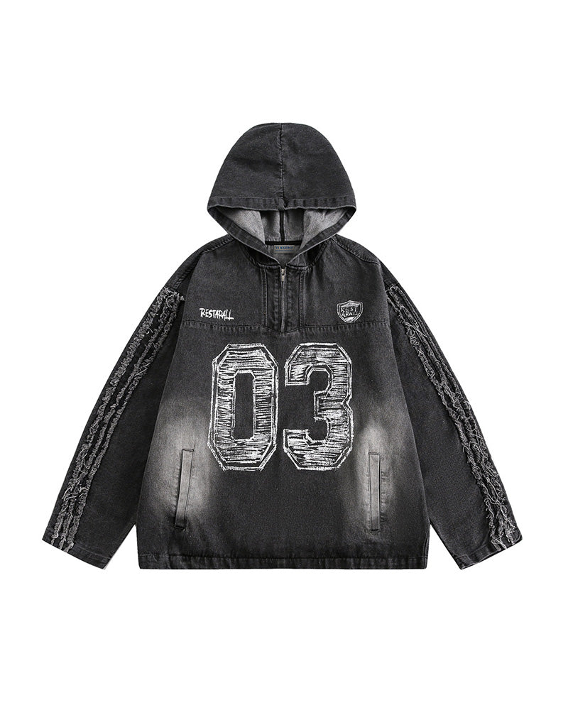 ヴィンテージプリントデニムフードジャケット