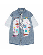 カラーブロックデニム半袖シャツ