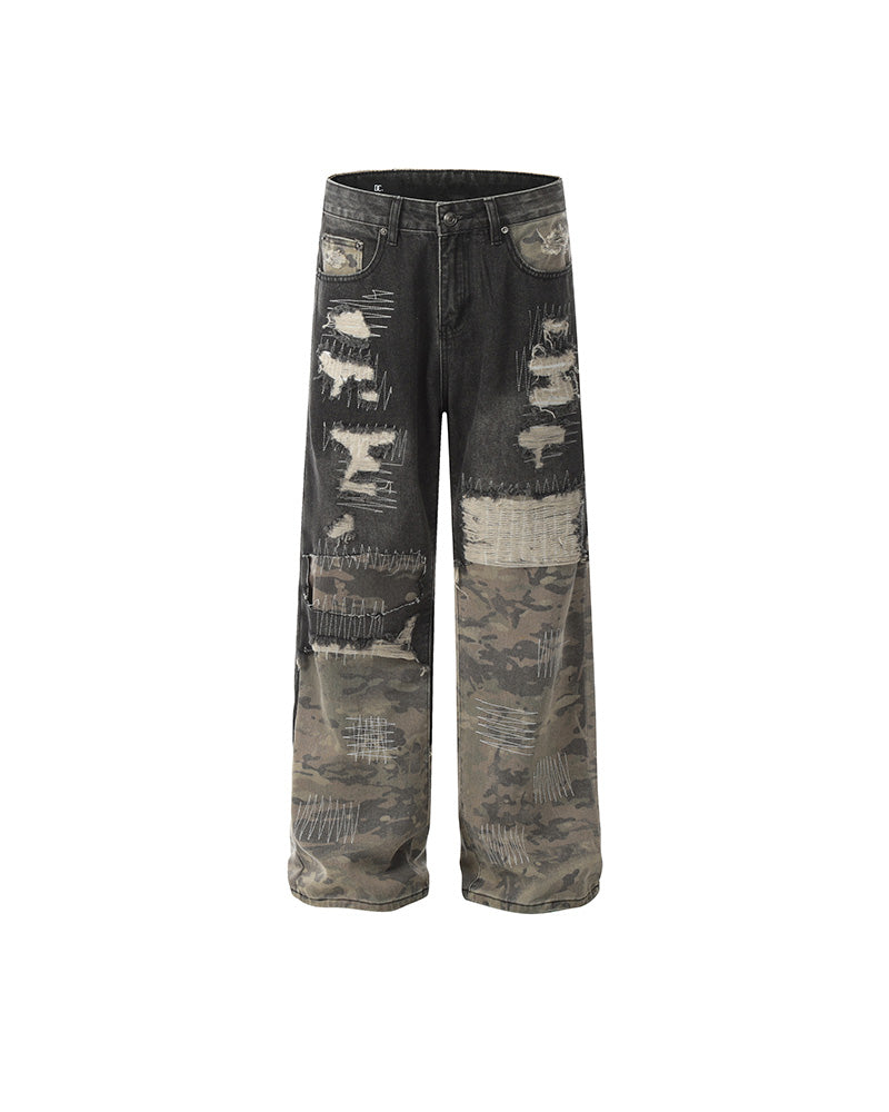 迷彩パッチワークストレートレッグパンツ