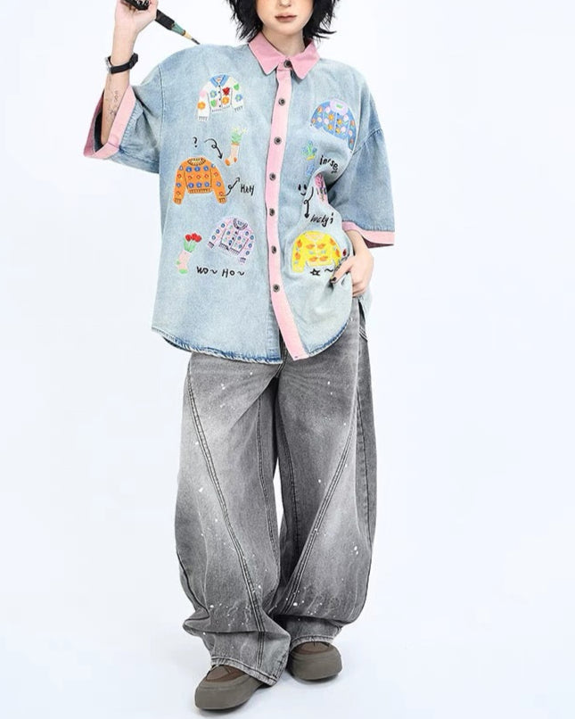 刺繍コントラスト半袖シャツ