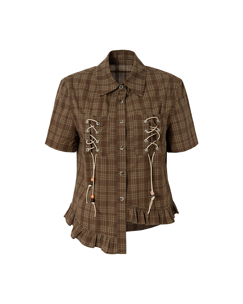 Plaid Short-Sleeve Shirt with Tie Details