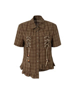 Plaid Short-Sleeve Shirt with Tie Details