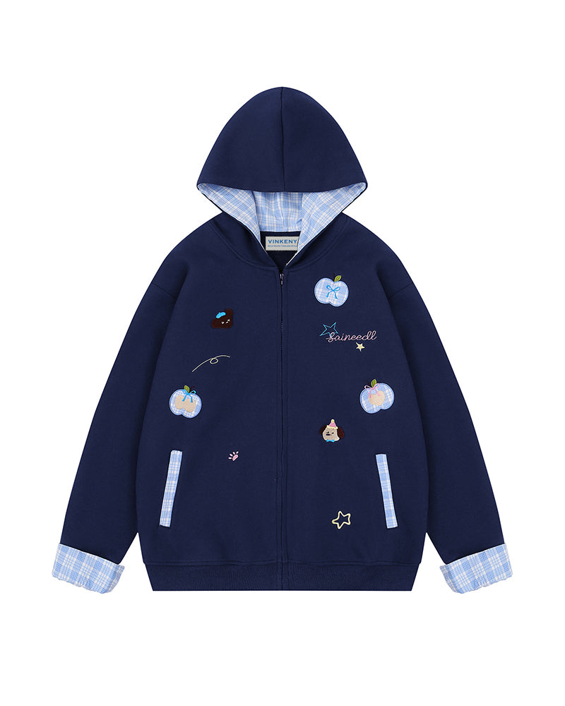 チェック刺繍フード付きスウェットシャツジャケット