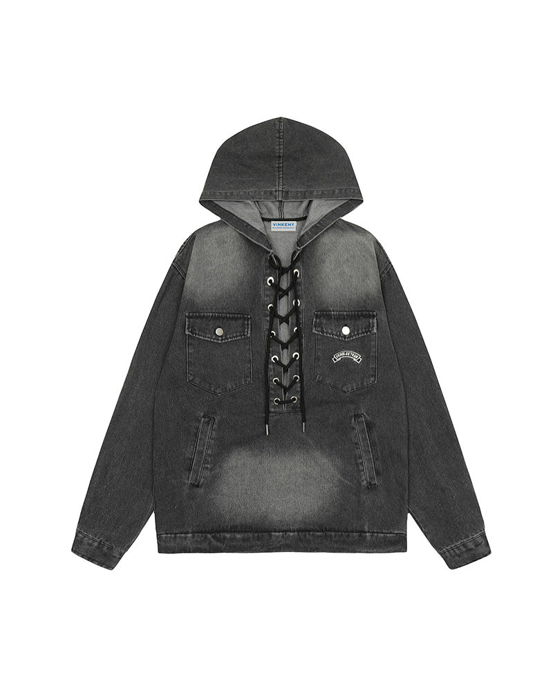 ヴィンテージ風のダメージ加工フード付きスウェットシャツ