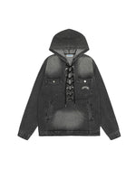 ヴィンテージ風のダメージ加工フード付きスウェットシャツ