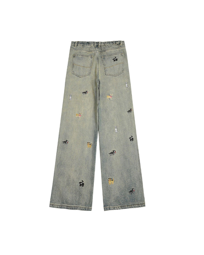 Washed distressed cartoon denim trousers
