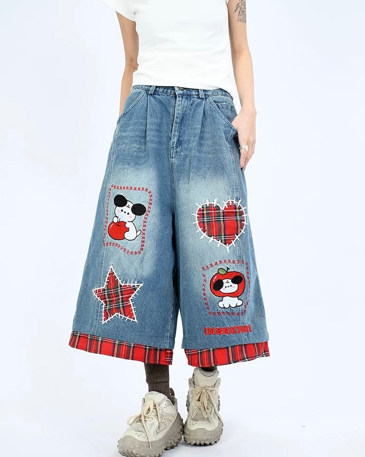 빈티지 플레드 크롭 데님 반바지