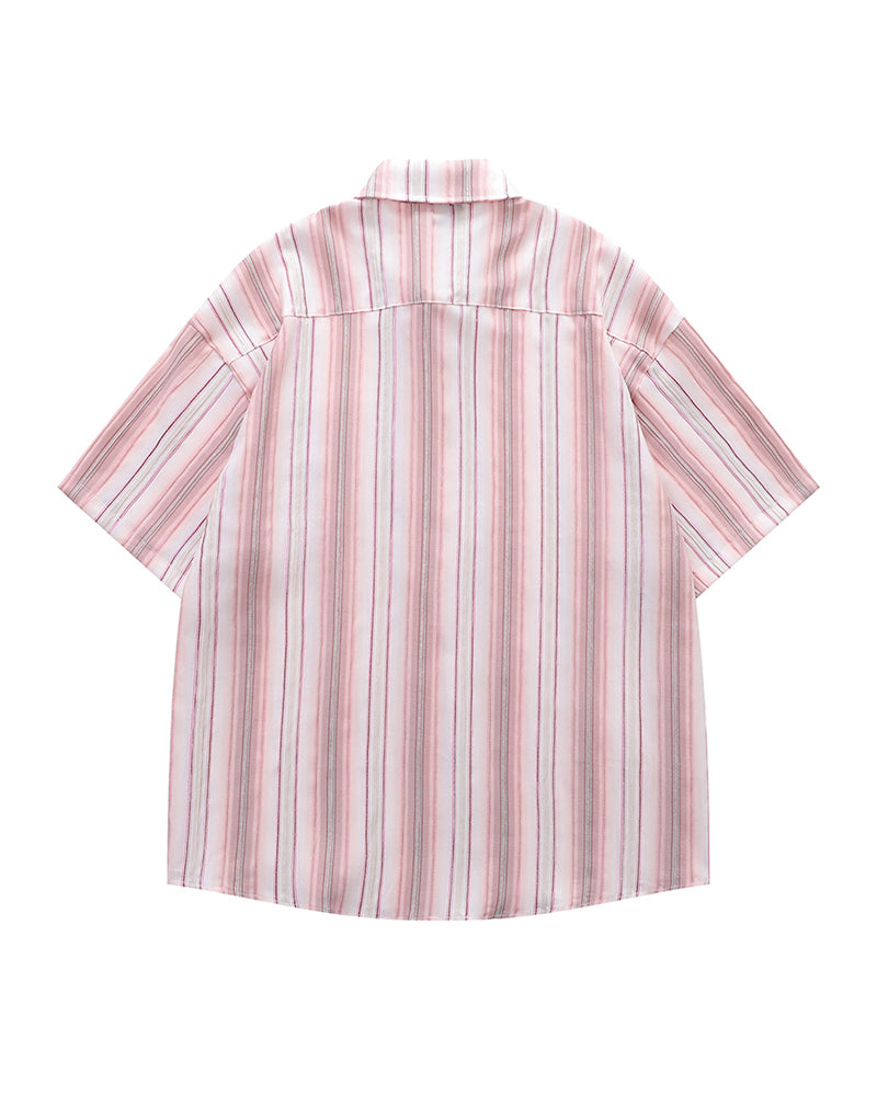 刺繍入りストライプ半袖シャツ