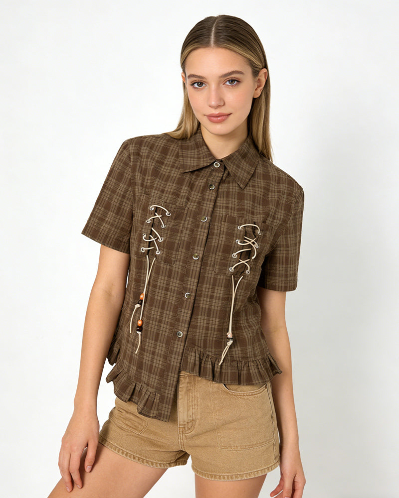 Plaid Short-Sleeve Shirt with Tie Details
