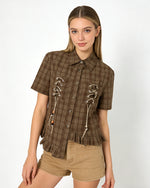 Plaid Short-Sleeve Shirt with Tie Details