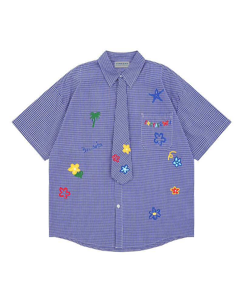 小花柄チェック柄半袖シャツ