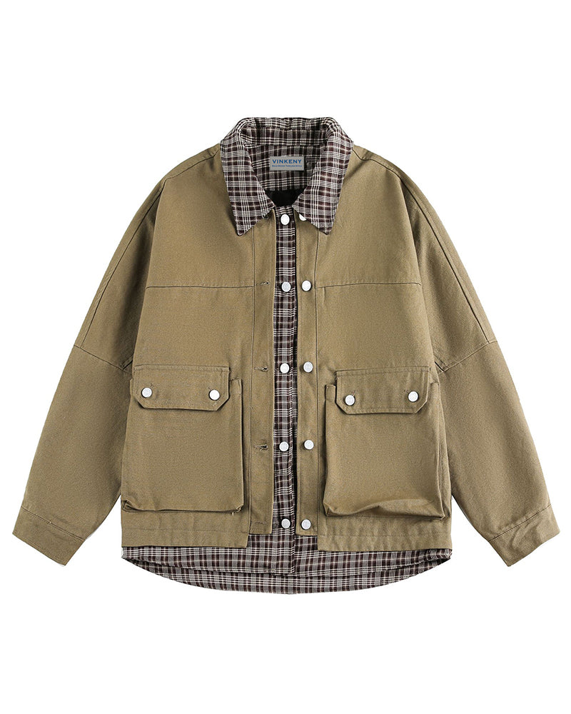Plaid patchwork fake two-piece jacket