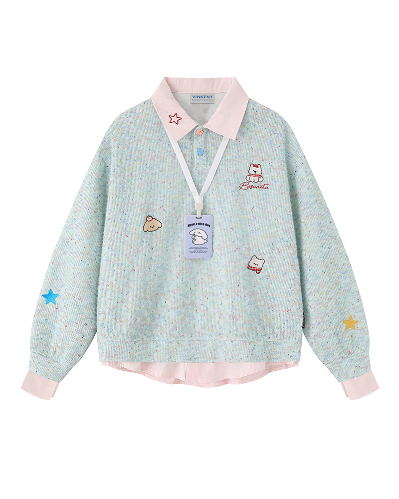 継ぎ合わせたフェイクツーピースラペルスウェットシャツ