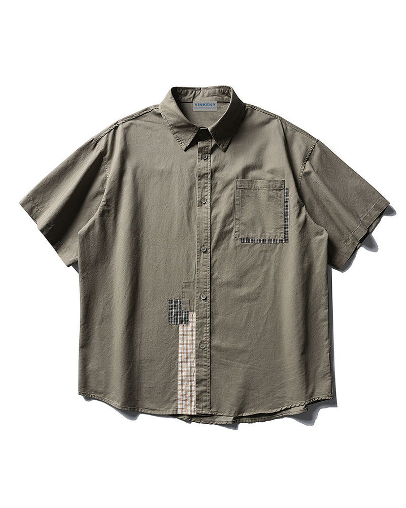 Color-block Plaid Short-sleeve Shirt