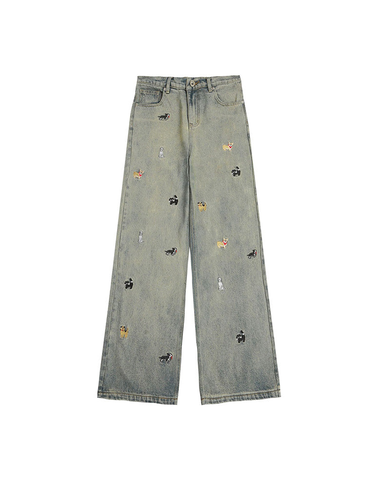 Washed distressed cartoon denim trousers