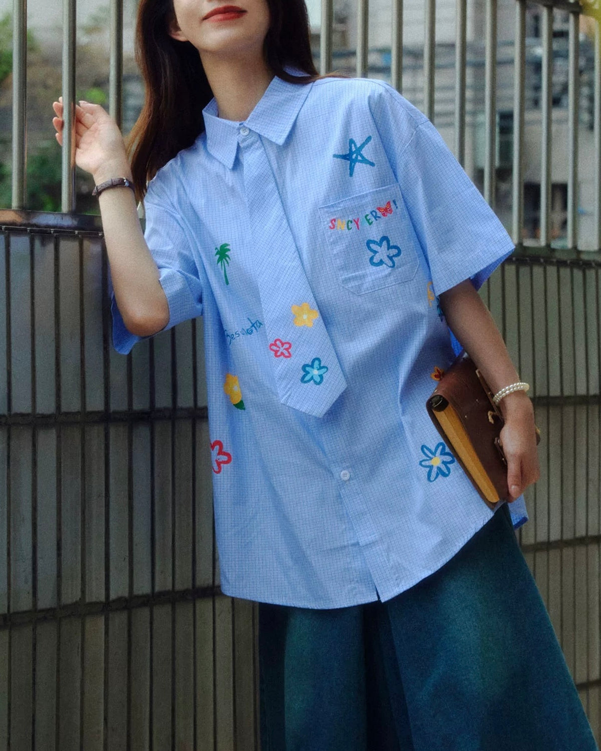 小花柄チェック柄半袖シャツ