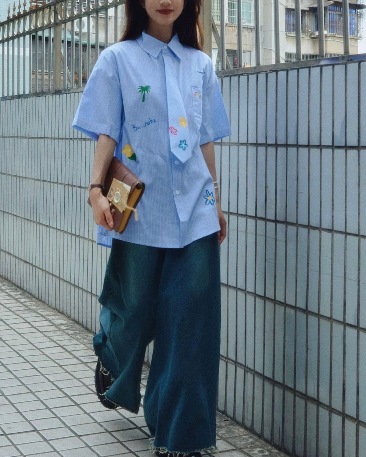 小花柄チェック柄半袖シャツ