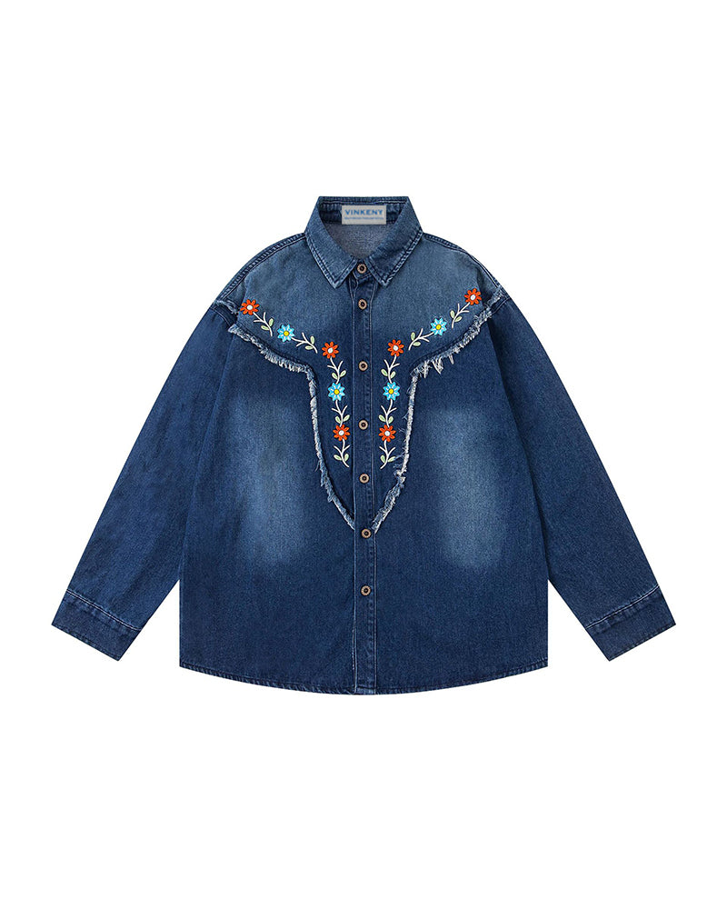 Small flower embroidered long-sleeved shirt