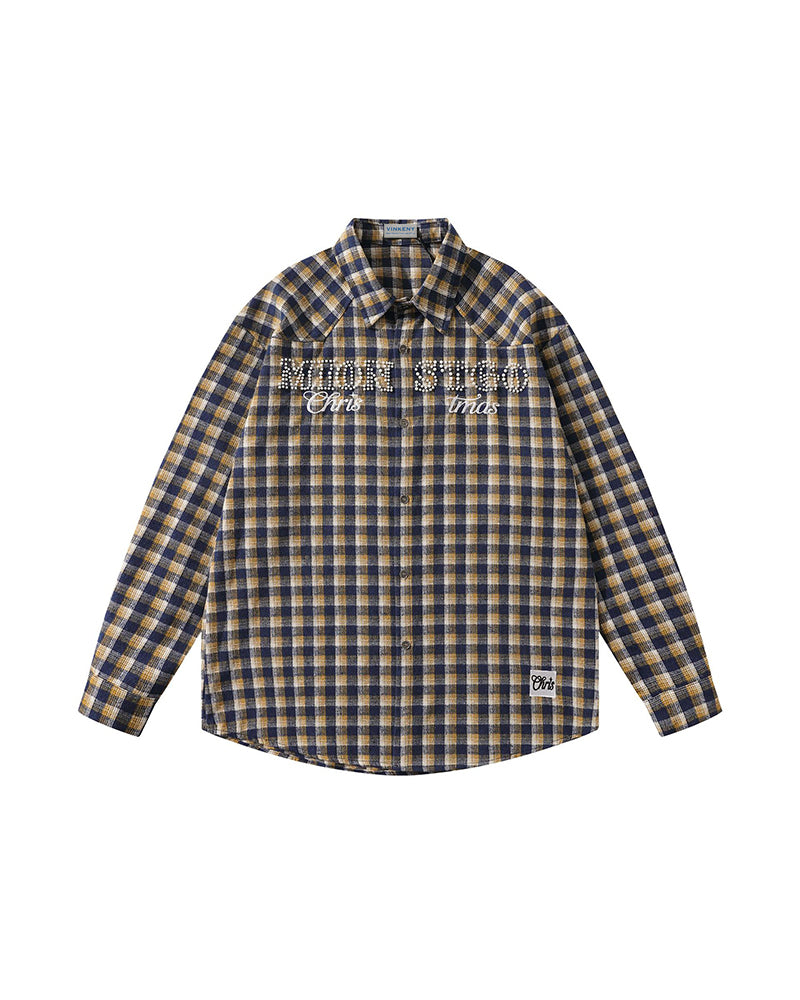 ビーズチェック柄長袖シャツ