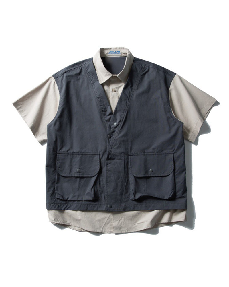 コントラストカラーステッチのフェイクツーピースシャツ