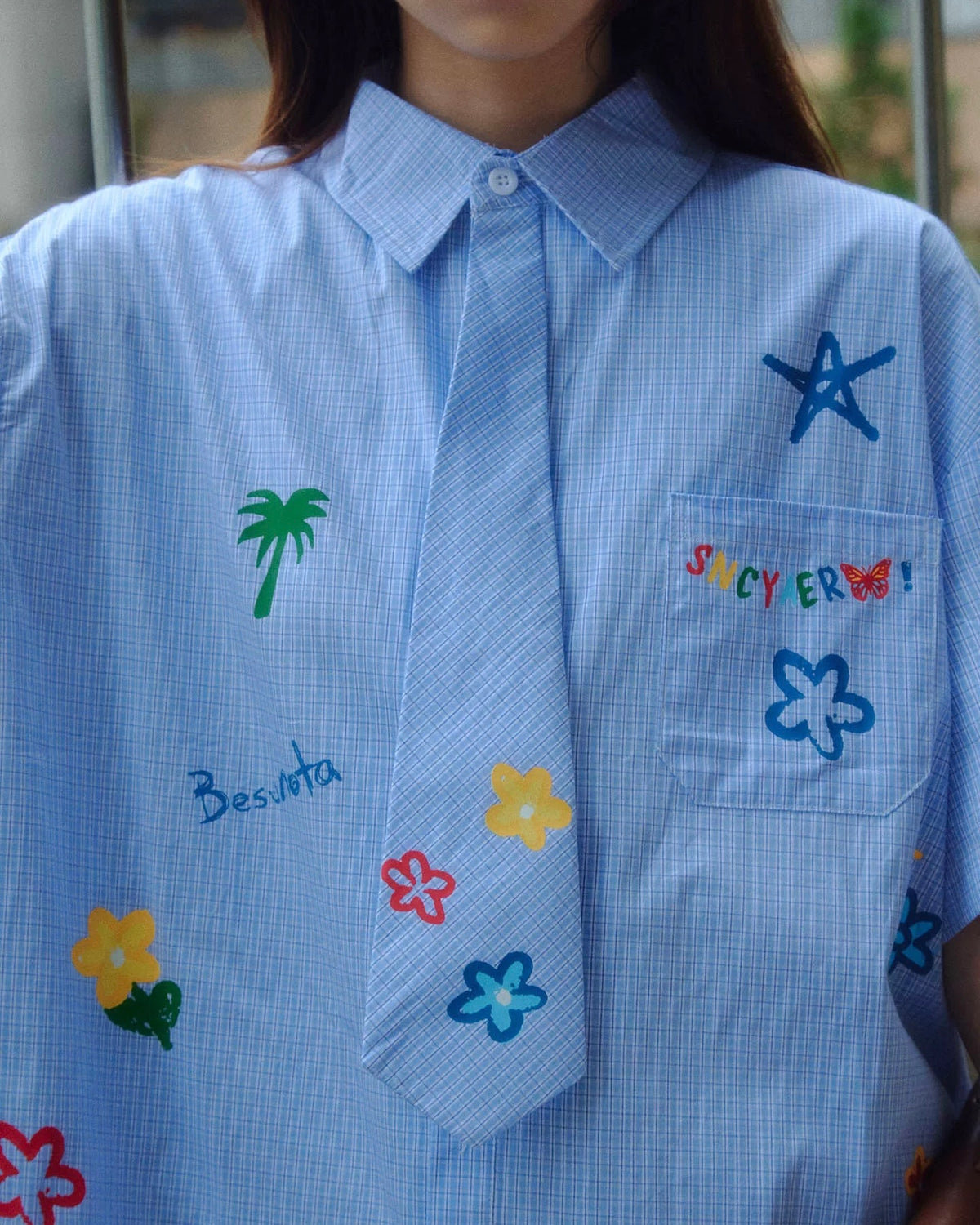 小花柄チェック柄半袖シャツ