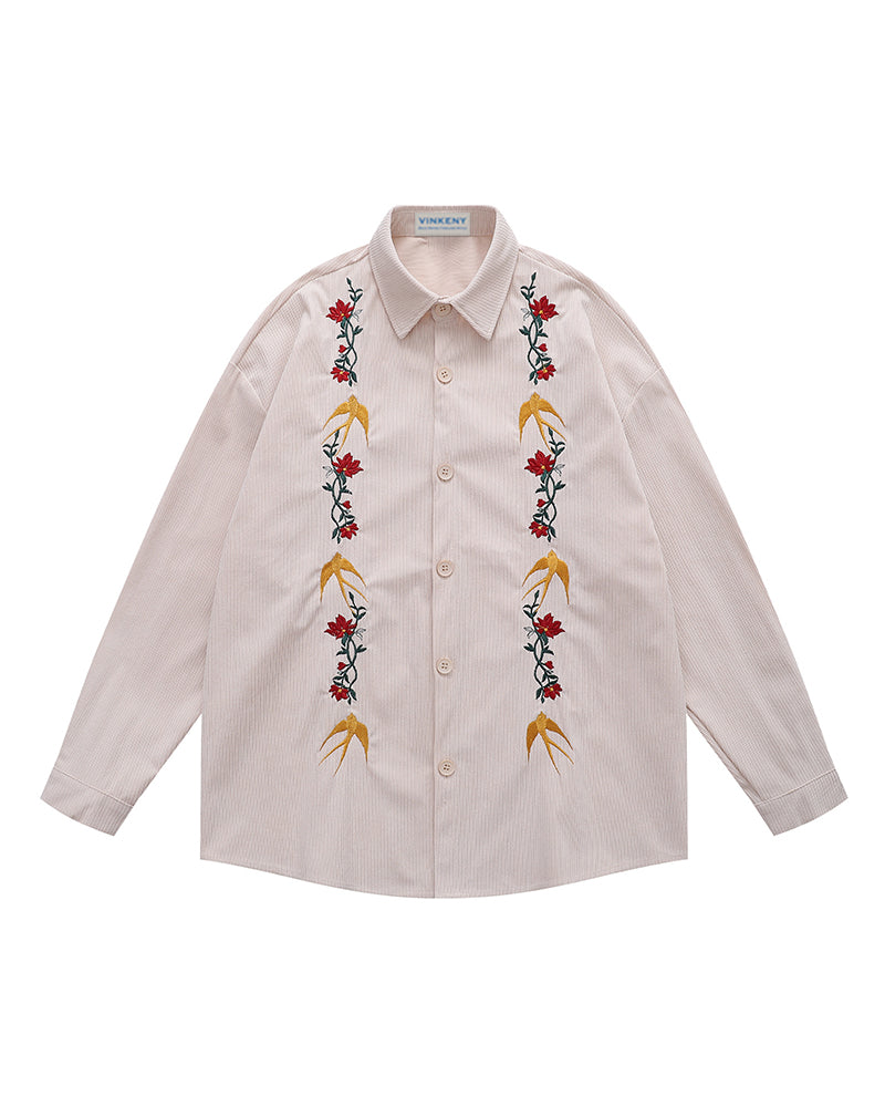 Vintage floral embroidered long-sleeved shirt
