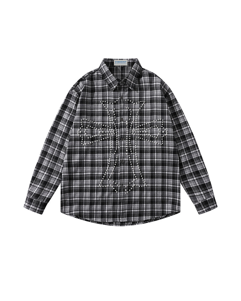 ビーズチェック柄長袖シャツ