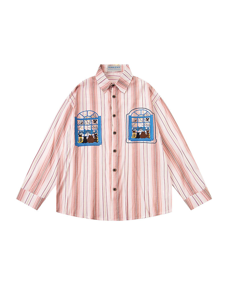 striped embroidered long-sleeved shirt