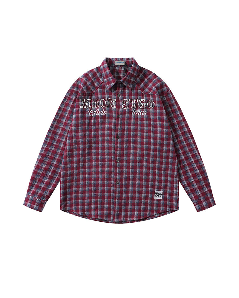 ビーズチェック柄長袖シャツ