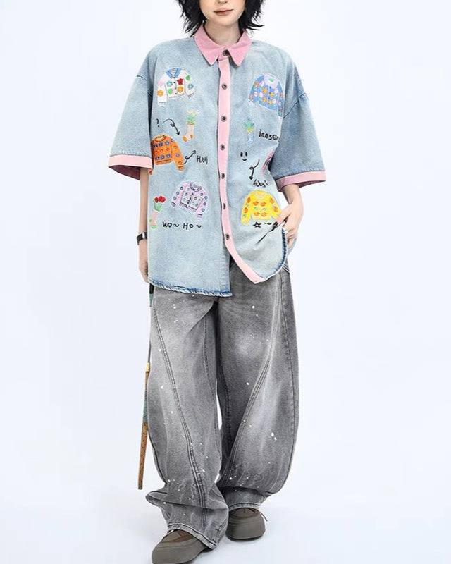 刺繍コントラスト半袖シャツ