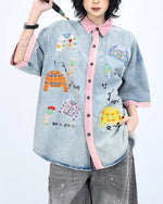 刺繍コントラスト半袖シャツ