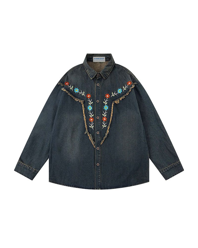 Small flower embroidered long-sleeved shirt