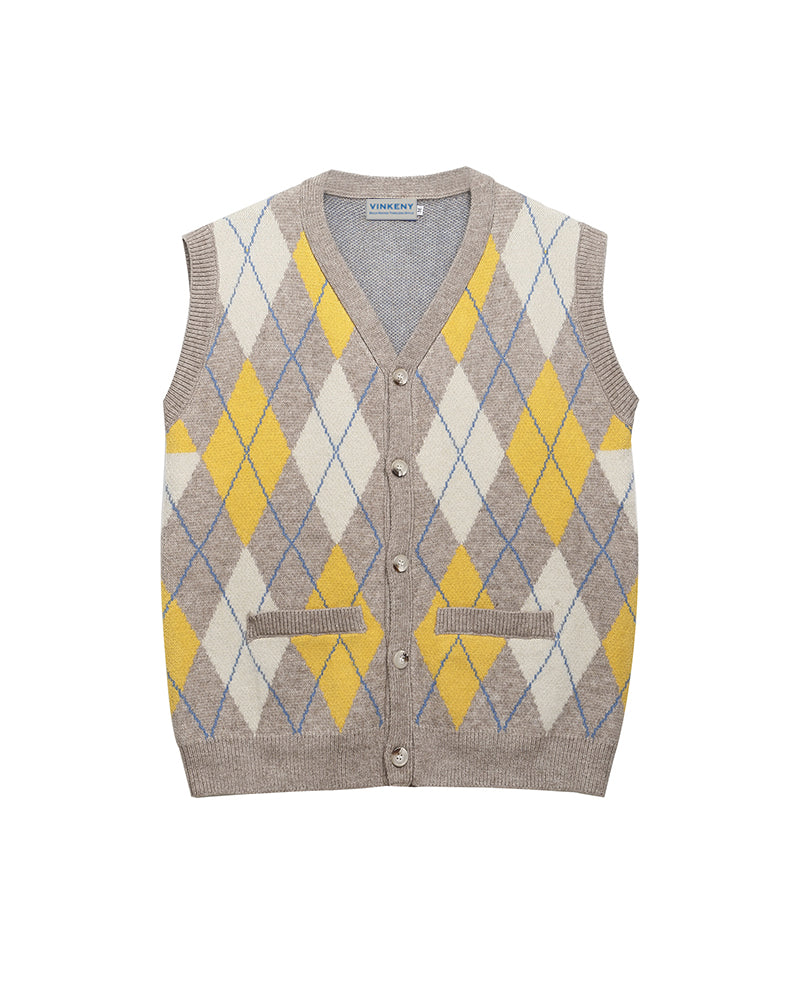 カラーブロックダイヤモンド柄ニットベスト