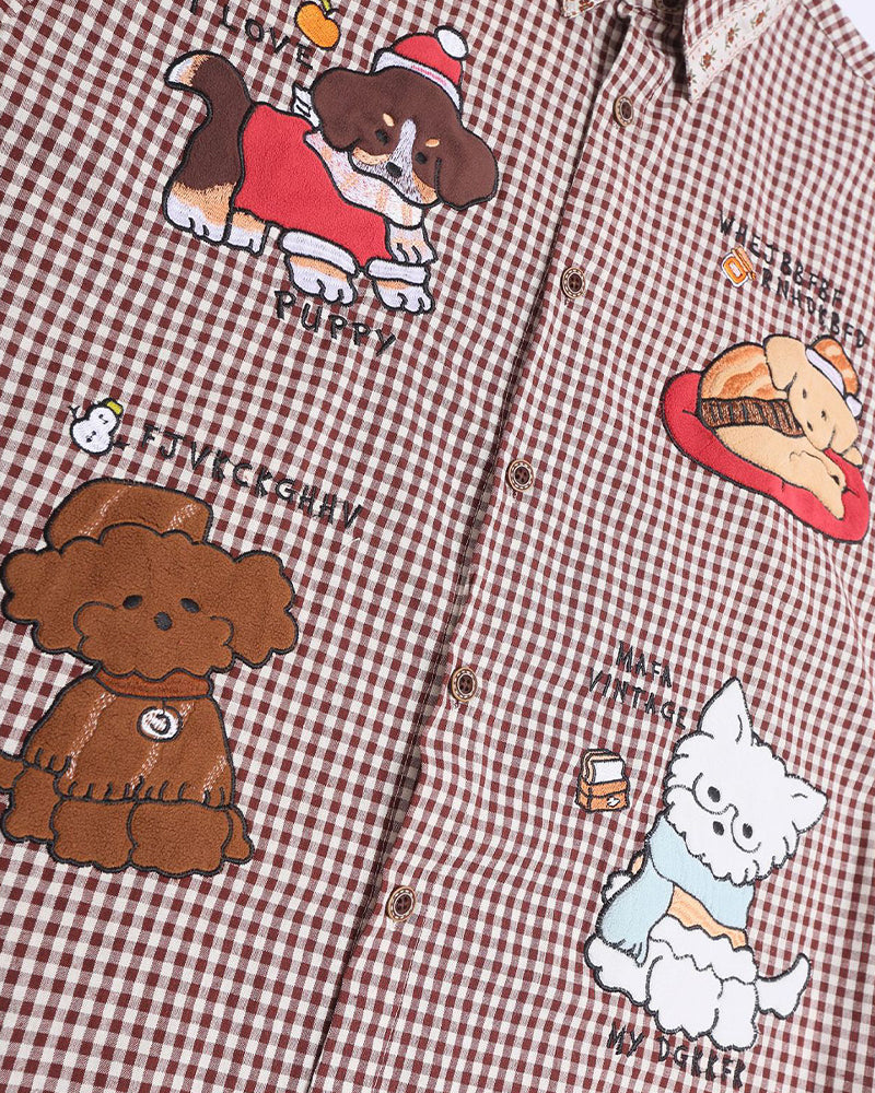 漫画の刺繍入りチェックシャツ