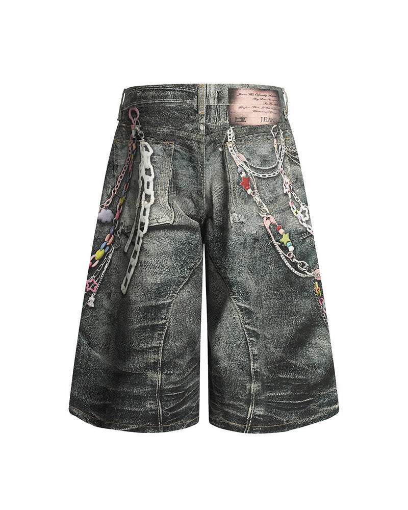 Printed denim shorts