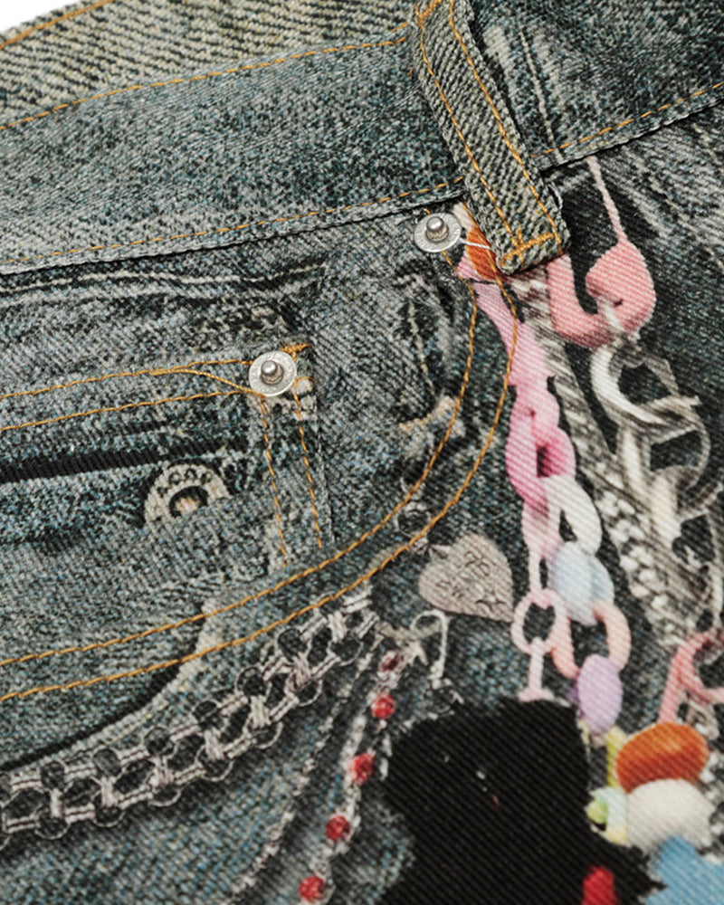Printed denim shorts