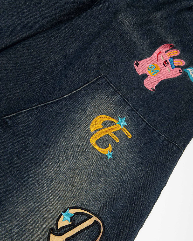 Cartoon embroidered denim shorts