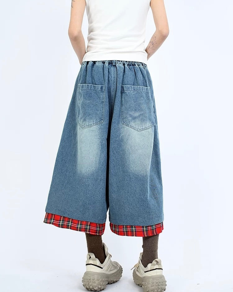 Vintage Plaid Cropped Denim Shorts
