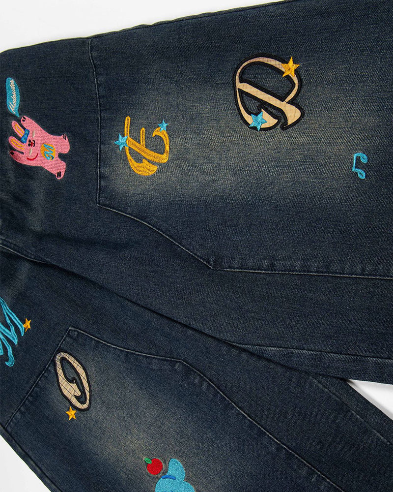 Cartoon embroidered denim shorts
